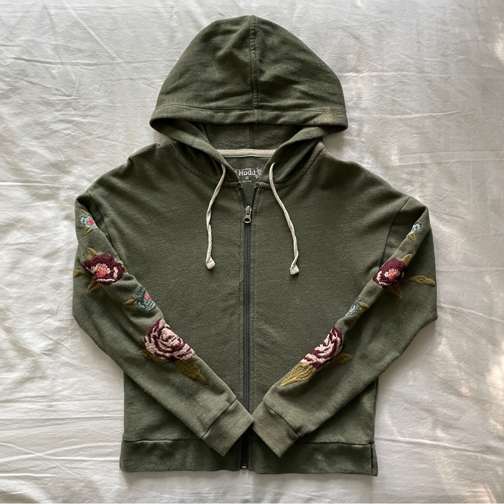 Mudd Olive Green Floral Embroidered Zip Up Hoodie